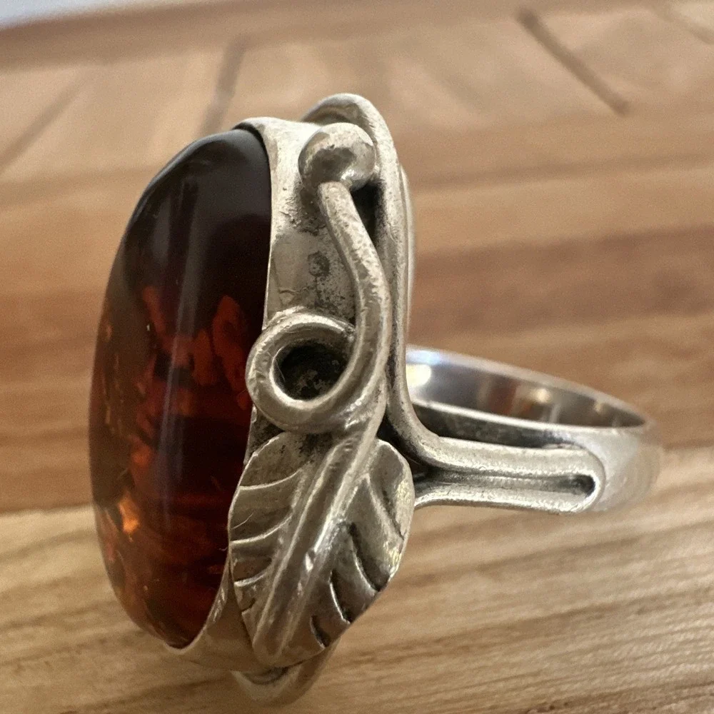 Vintage Artisan Brutalist Ring Size 7 Poland Baltic Amber 925 Sterling 12.5g MCM